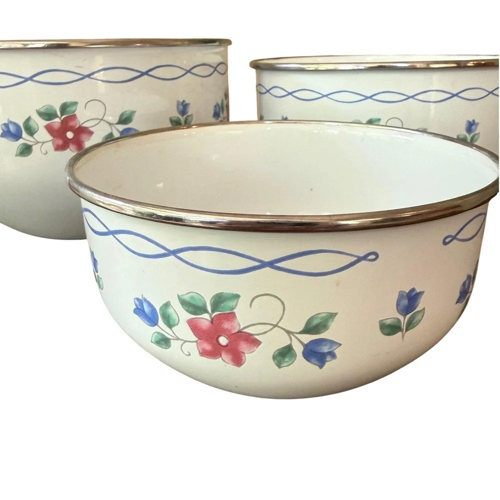 Vintage Enamel Nesting Bowls Set of 3 | Blue Floral Swag | Farmhouse Cottagecore